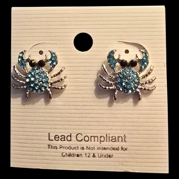 Blue Crystal Crab Earrings NWT ~0.75" x ~0.5" Lead Compliant Free Gift Wrapping - Picture 3 of 4